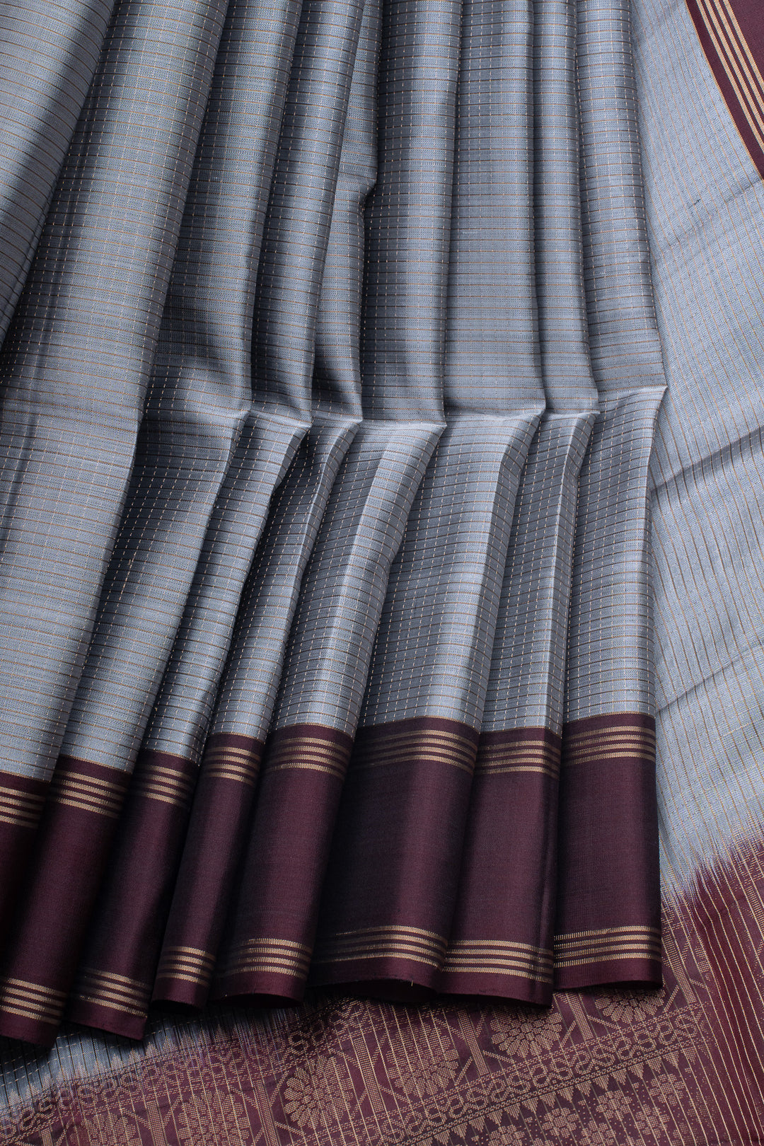 Grey and purple Zari checks pure soft silk saree