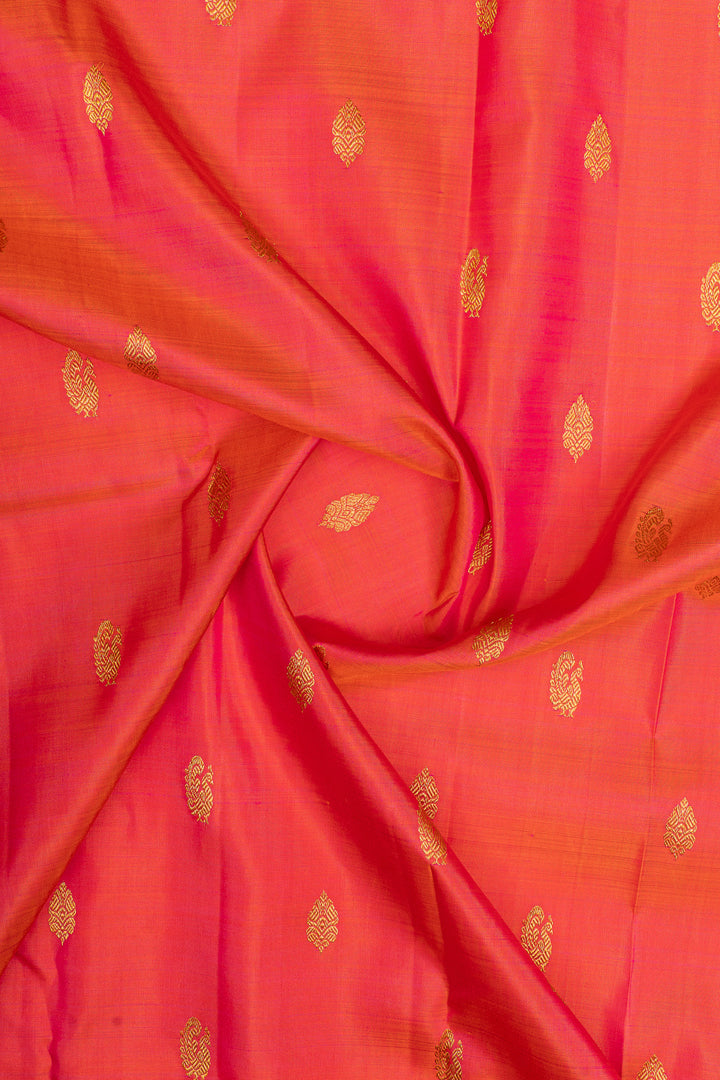 Peach orange and purple rettai pettu pure kanchipuram silk saree