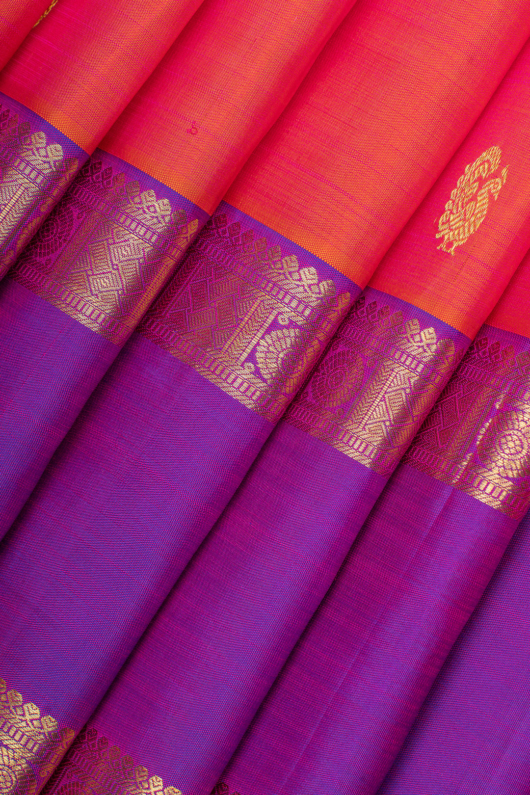 Peach orange and purple rettai pettu pure kanchipuram silk saree