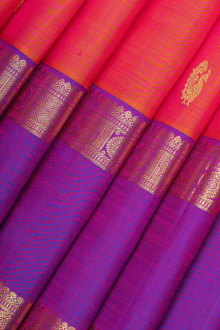 Peach orange and purple rettai pettu pure kanchipuram silk saree