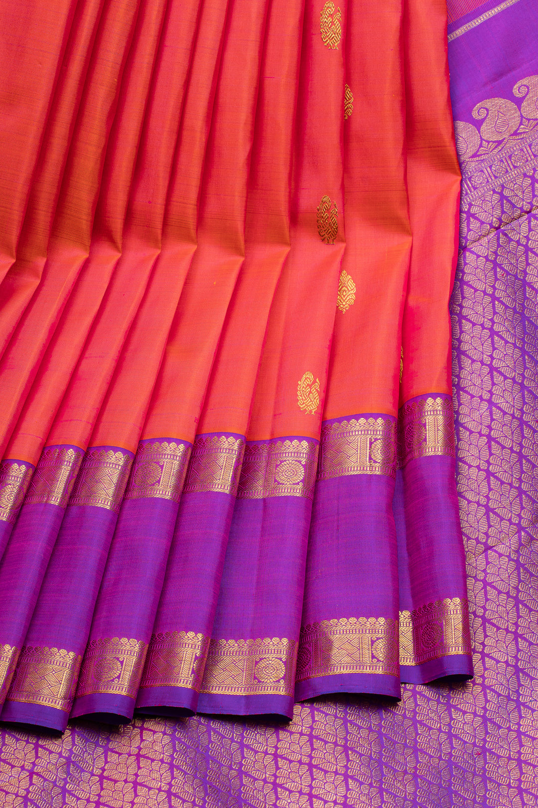 Peach orange and purple rettai pettu pure kanchipuram silk saree