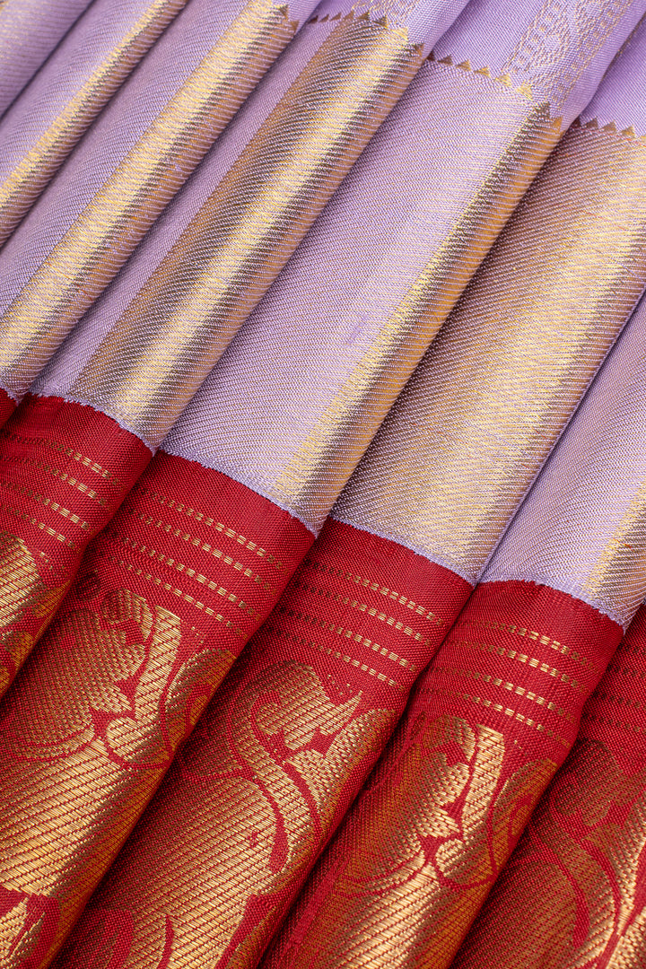 Lilac and red yazhi brocade pure kanchipuram silk saree