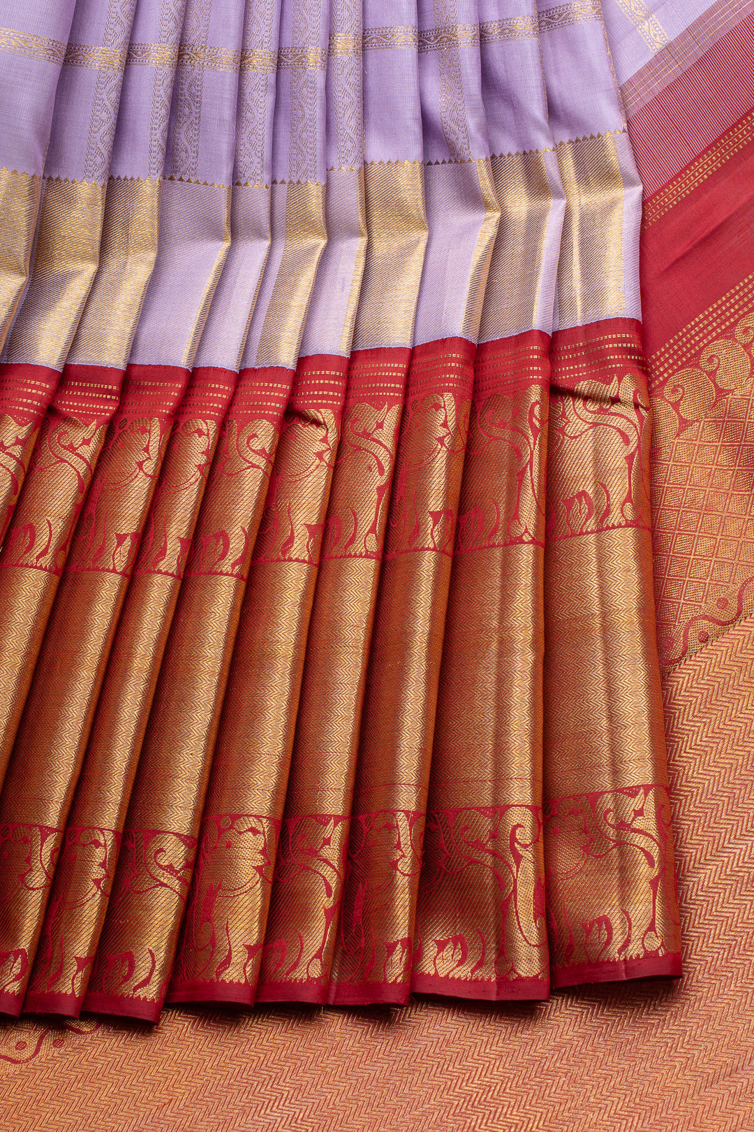 Lilac and red yazhi brocade pure kanchipuram silk saree