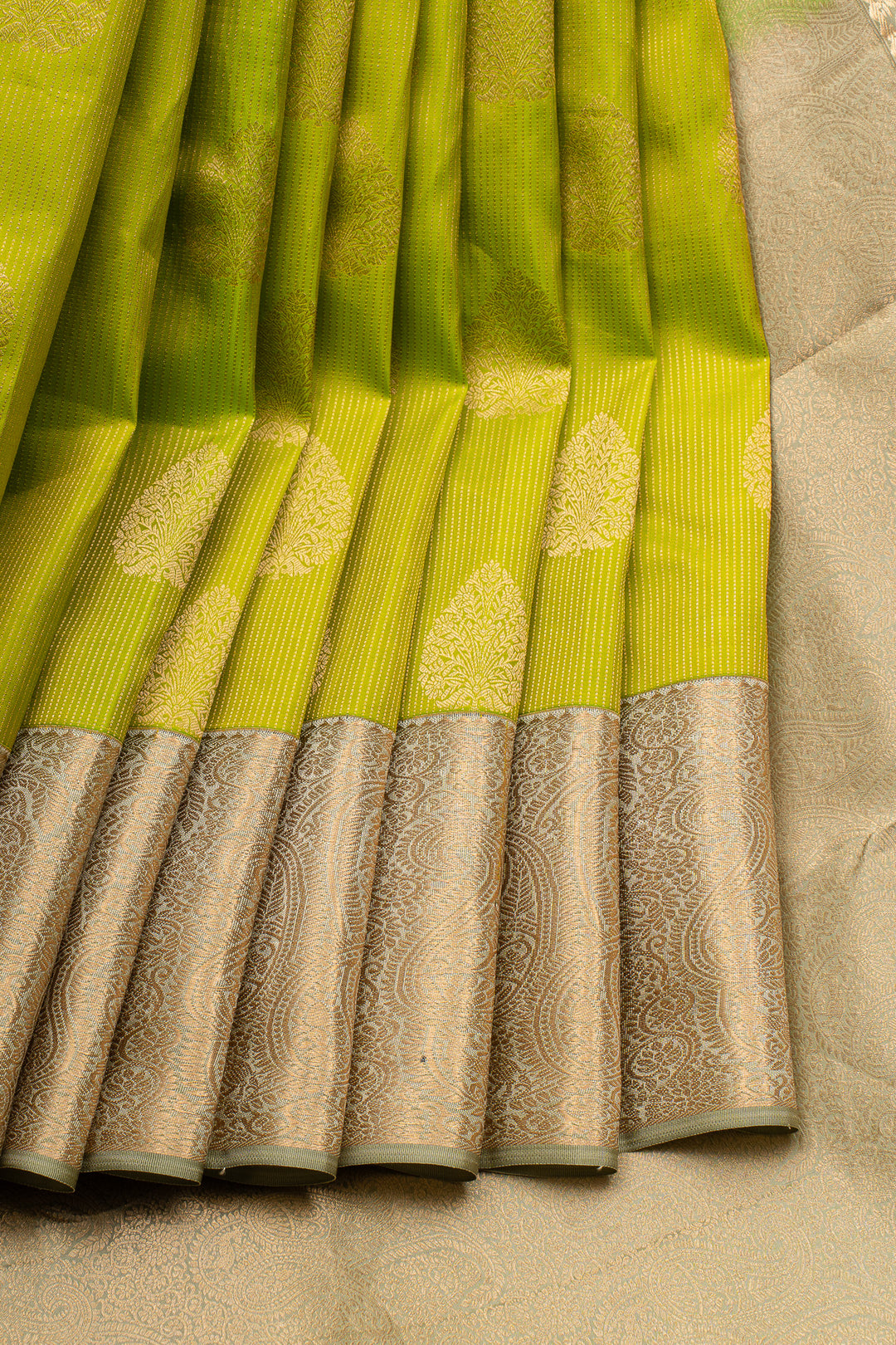 Lime green and ivory pure kanchipuram silk saree