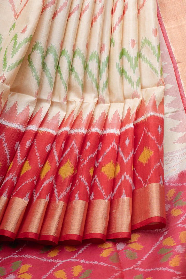 Off white and red pure soft silk saree