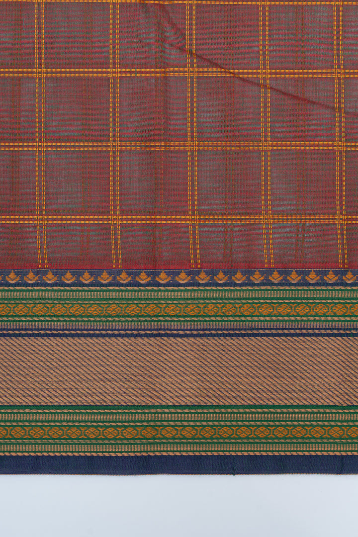 Maroonish purple checks pure cotton saree