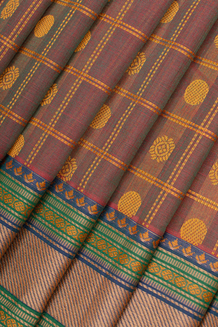 Maroonish purple checks pure cotton saree