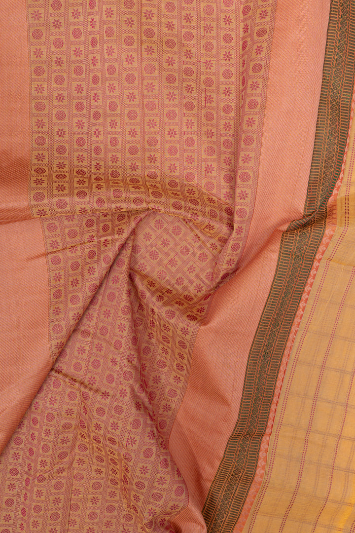 Peach and gold checks pure cotton saree