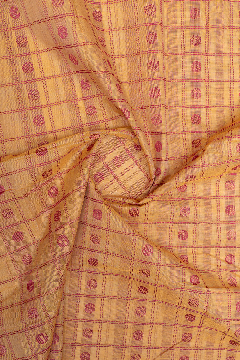 Peach and gold checks pure cotton saree