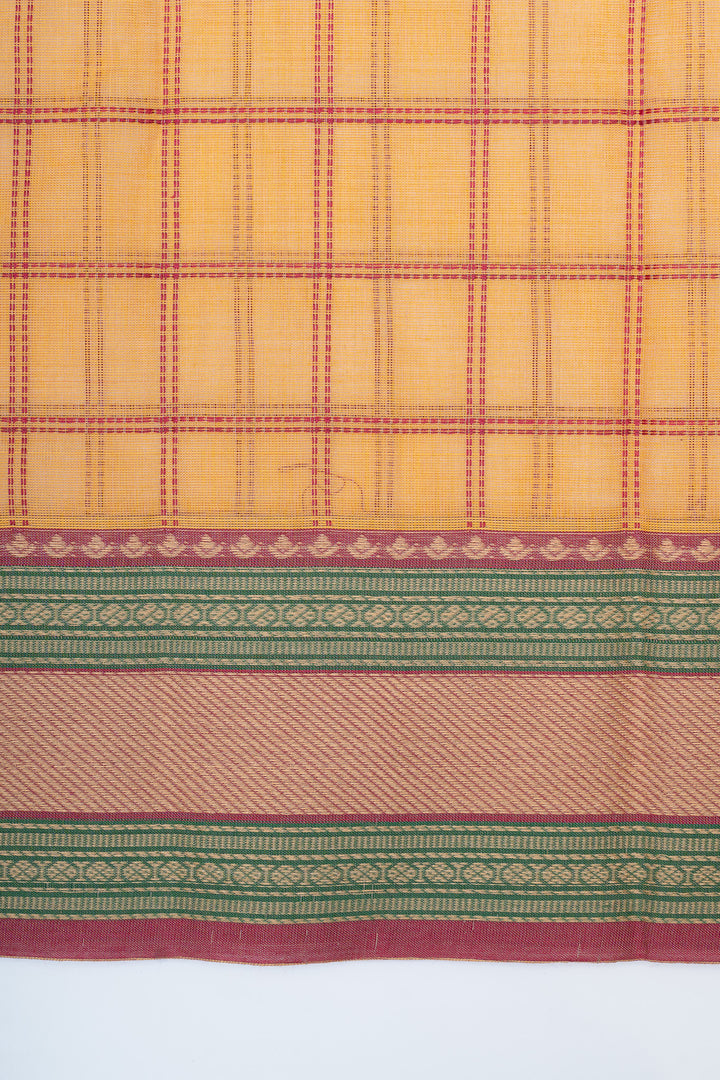 Peach and gold checks pure cotton saree