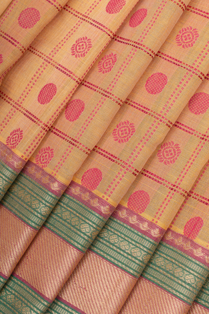 Peach and gold checks pure cotton saree
