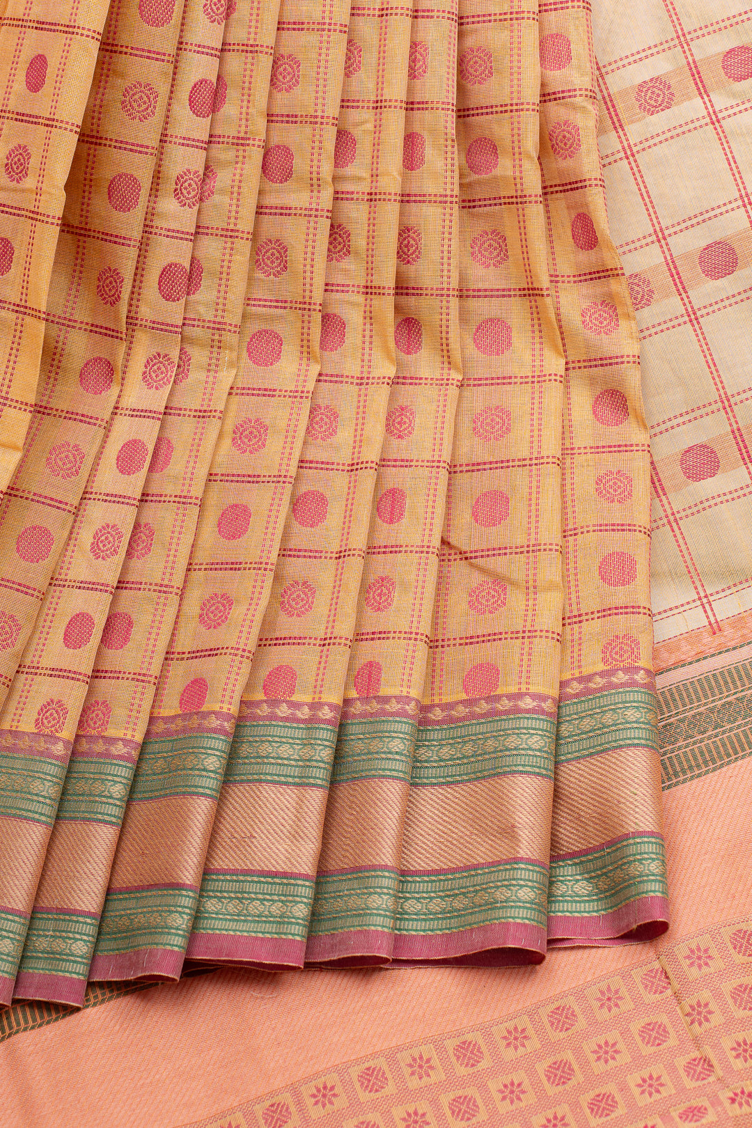 Peach and gold checks pure cotton saree