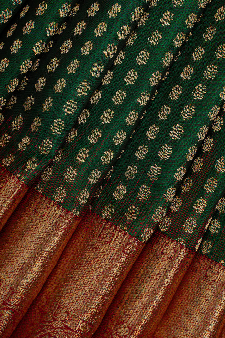 Bottle green and red Laksha buttas pure soft silk saree