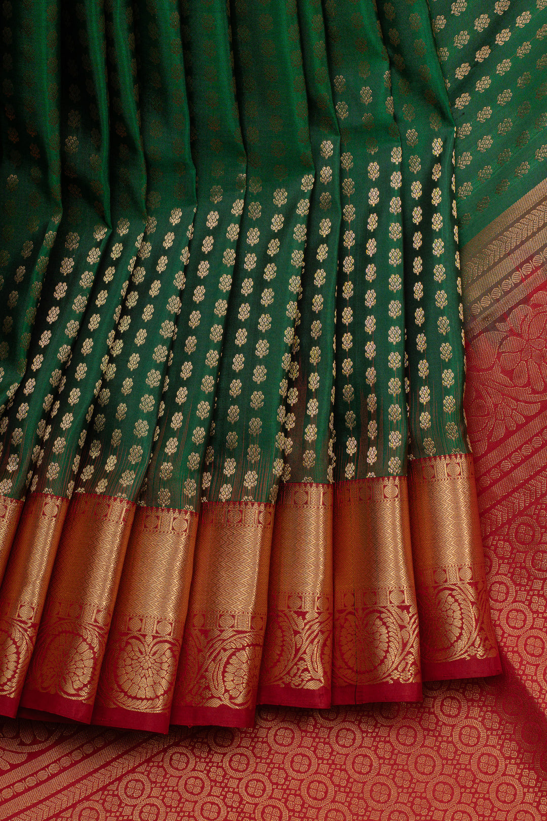 Bottle green and red Laksha buttas pure soft silk saree
