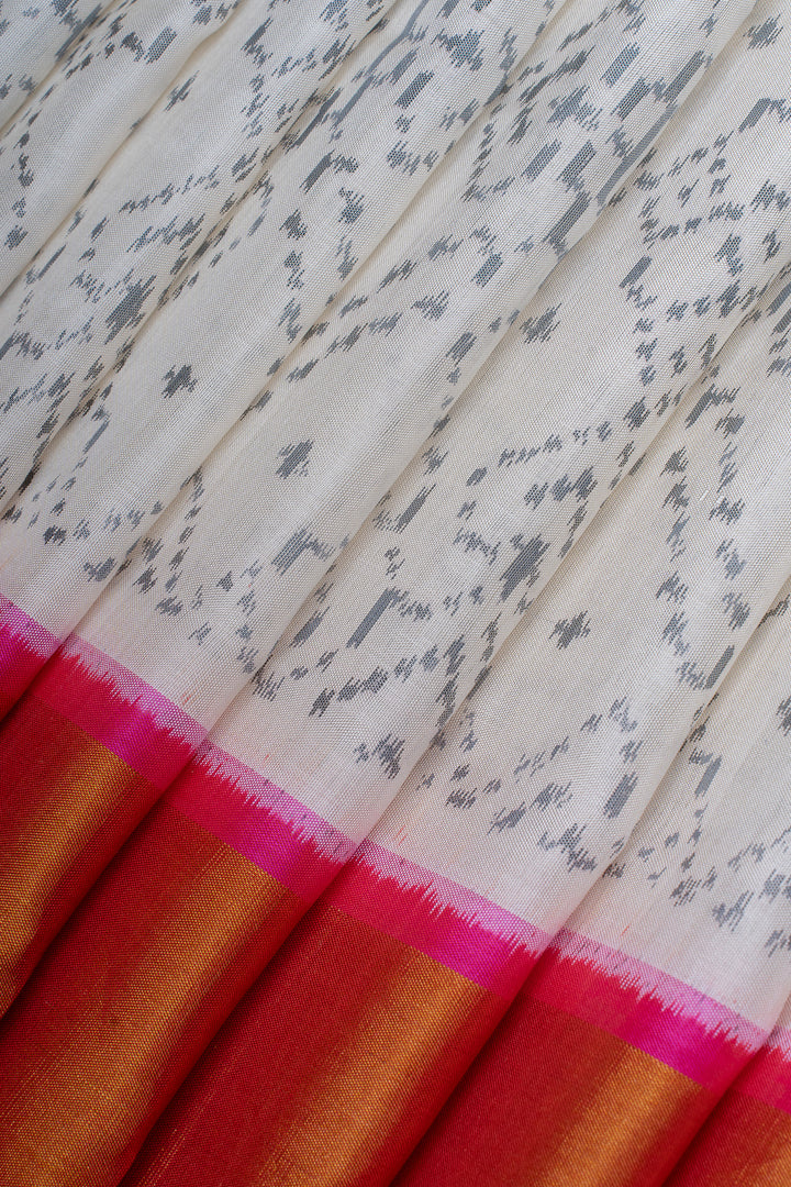 Off white and pink pure Ikat soft silk