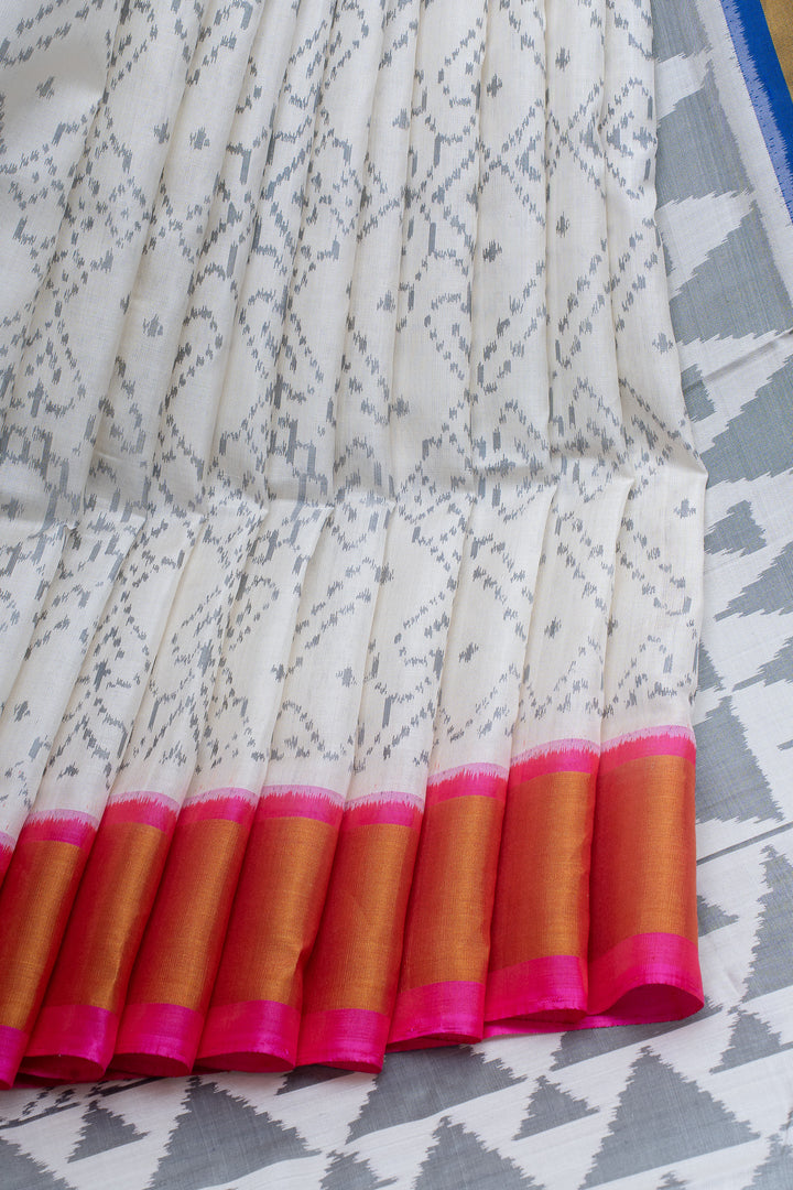 Off white and pink pure Ikat soft silk
