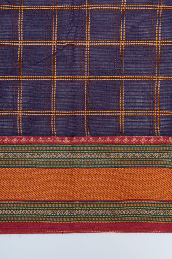Purple checks pure cotton saree