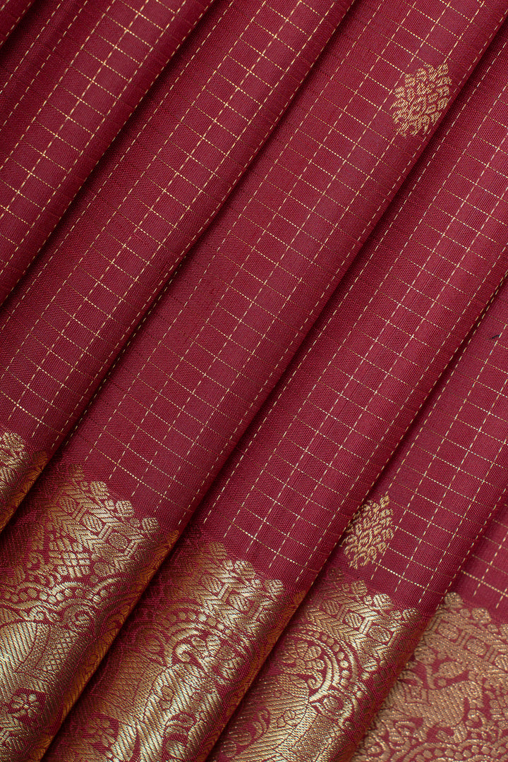 Maroon Zari checks pure kanchipuram silk saree