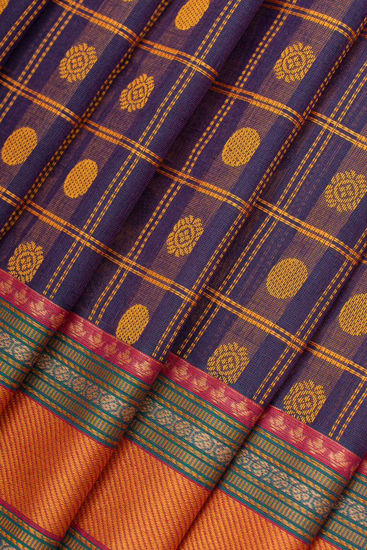 Purple checks pure cotton saree