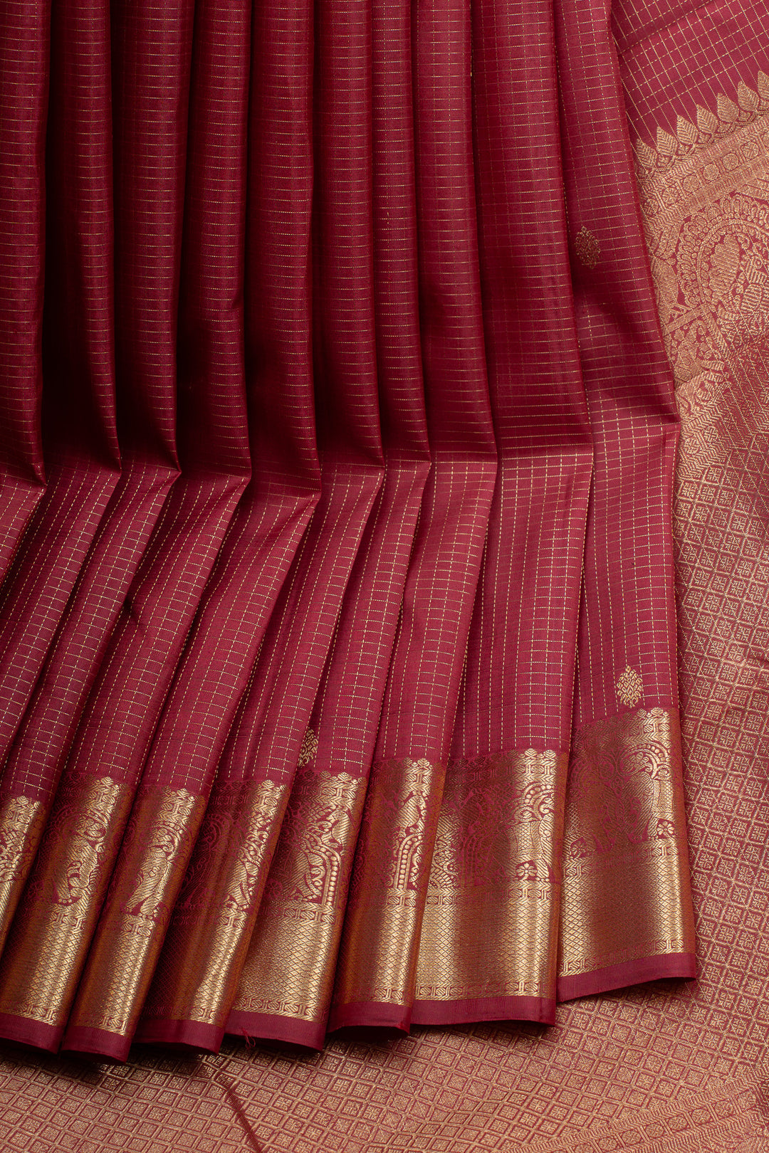 Maroon Zari checks pure kanchipuram silk saree