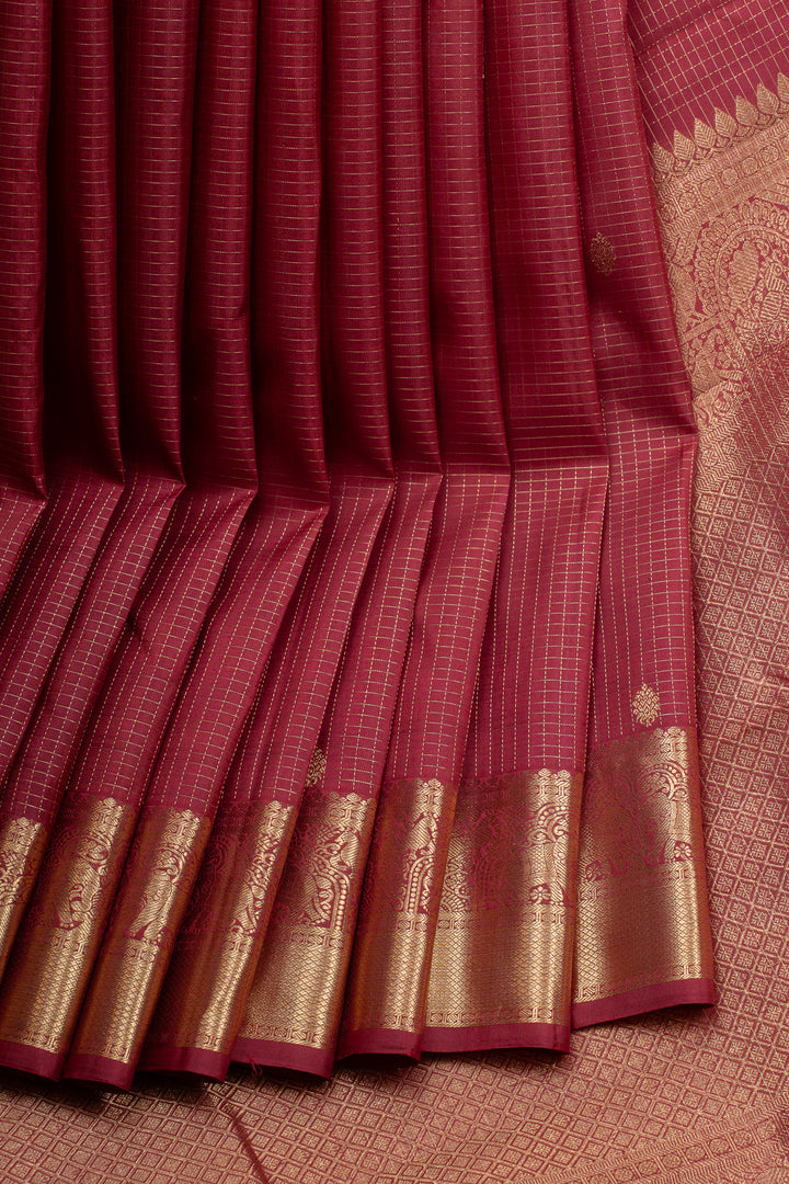 Maroon Zari checks pure kanchipuram silk saree