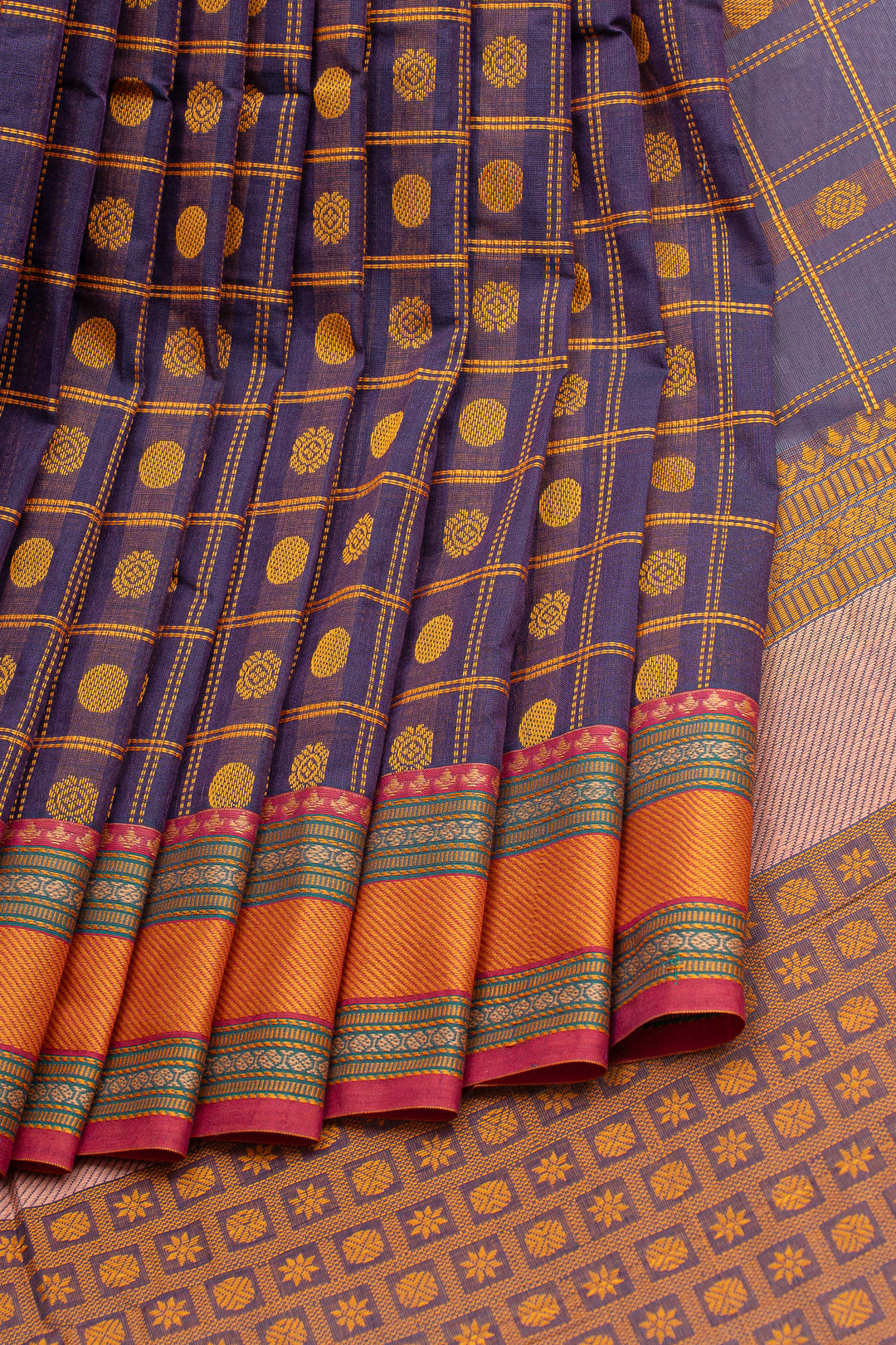 Purple checks pure cotton saree