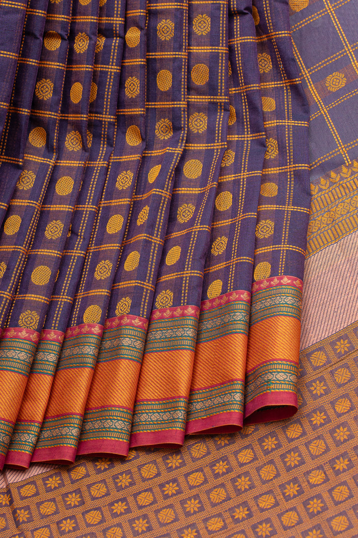 Purple checks pure cotton saree