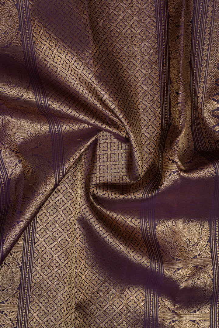 Green and jamun checks  pure kanchipuram silk saree