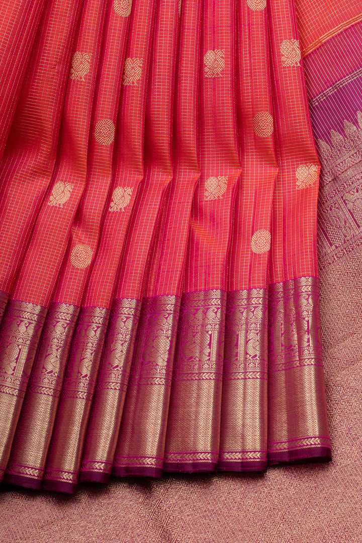 Peach pink Vairaoosi checks pure kanchipuram silk saree