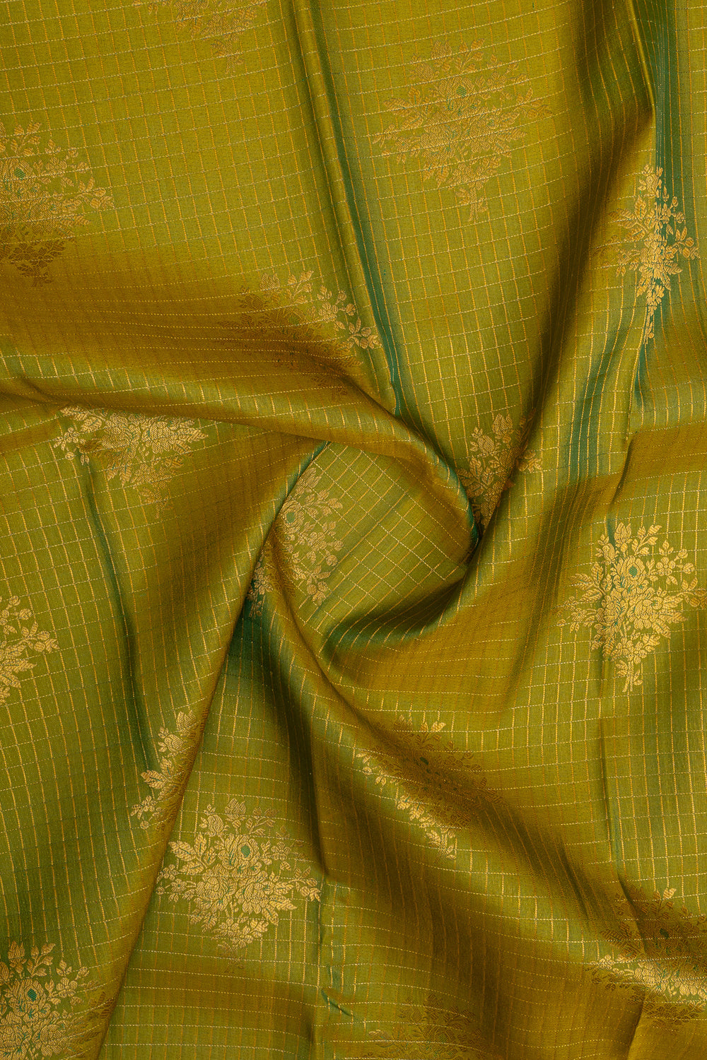 Chartreuse Green and ivory checks  pure kanchipuram silk saree