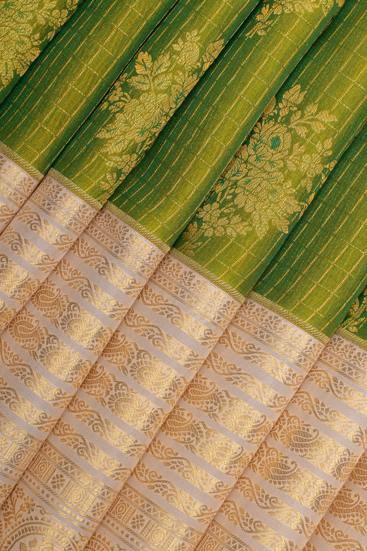 Chartreuse Green and ivory checks  pure kanchipuram silk saree