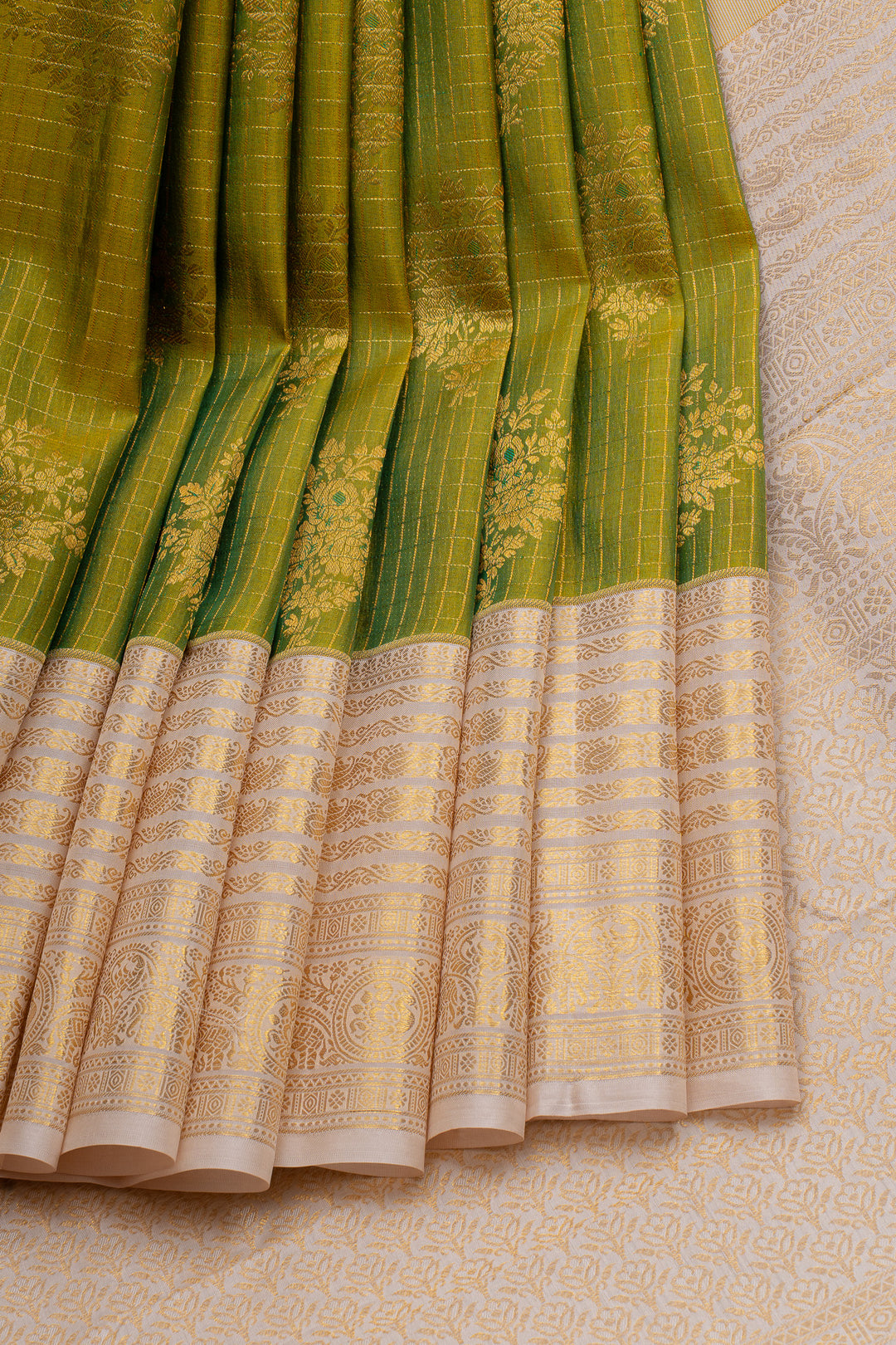 Chartreuse Green and ivory checks  pure kanchipuram silk saree