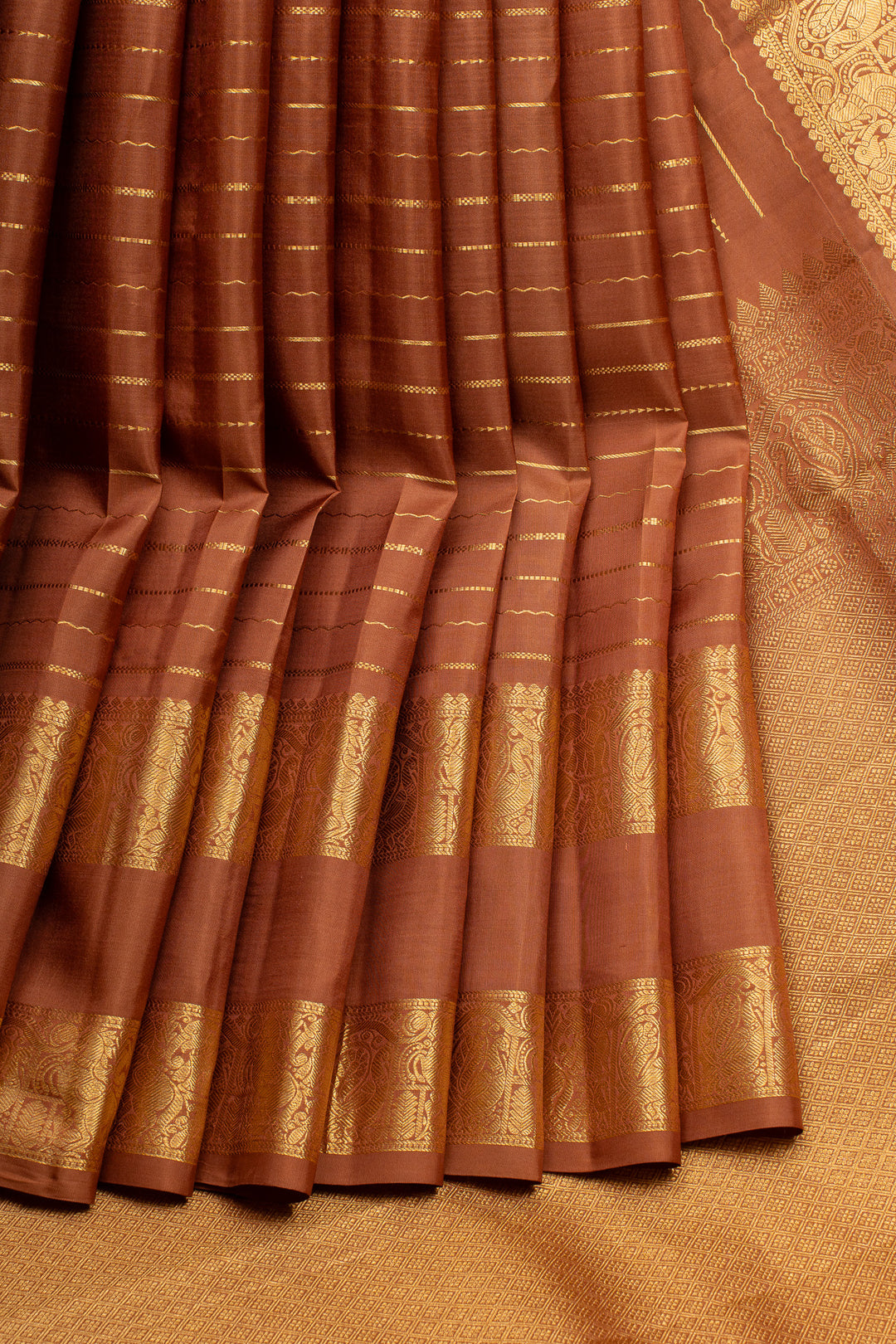Rust orange neli stripes rettai pettu pure kanchipuram silk saree