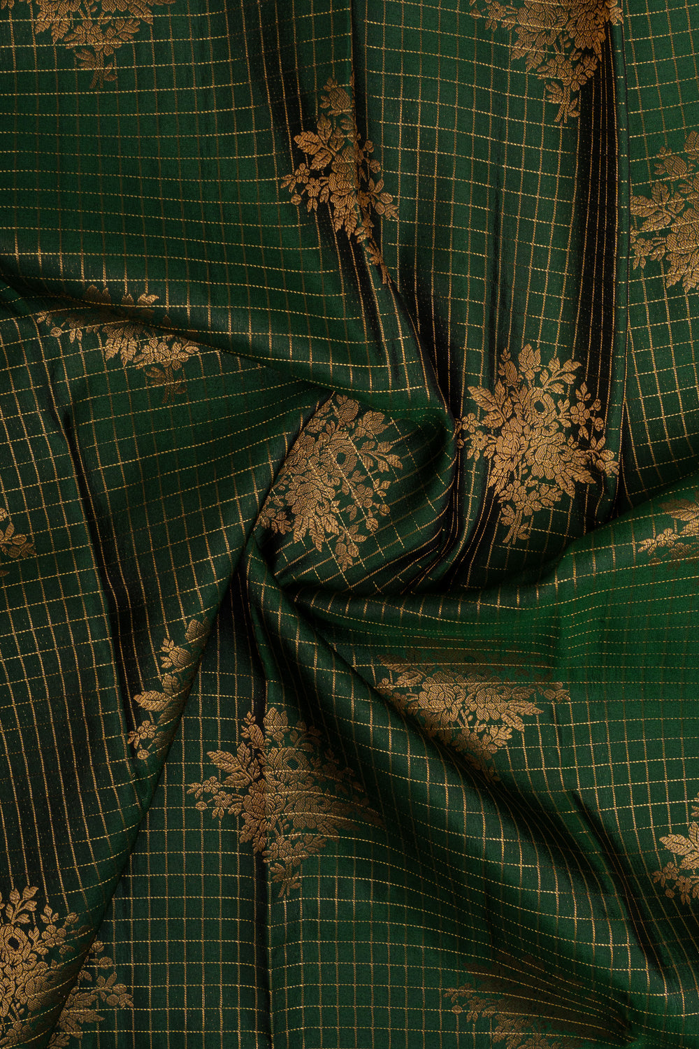 Emerald green and red checks  pure kanchipuram silk saree