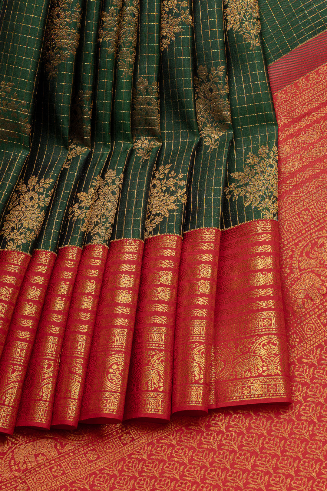 Emerald green and red checks  pure kanchipuram silk saree