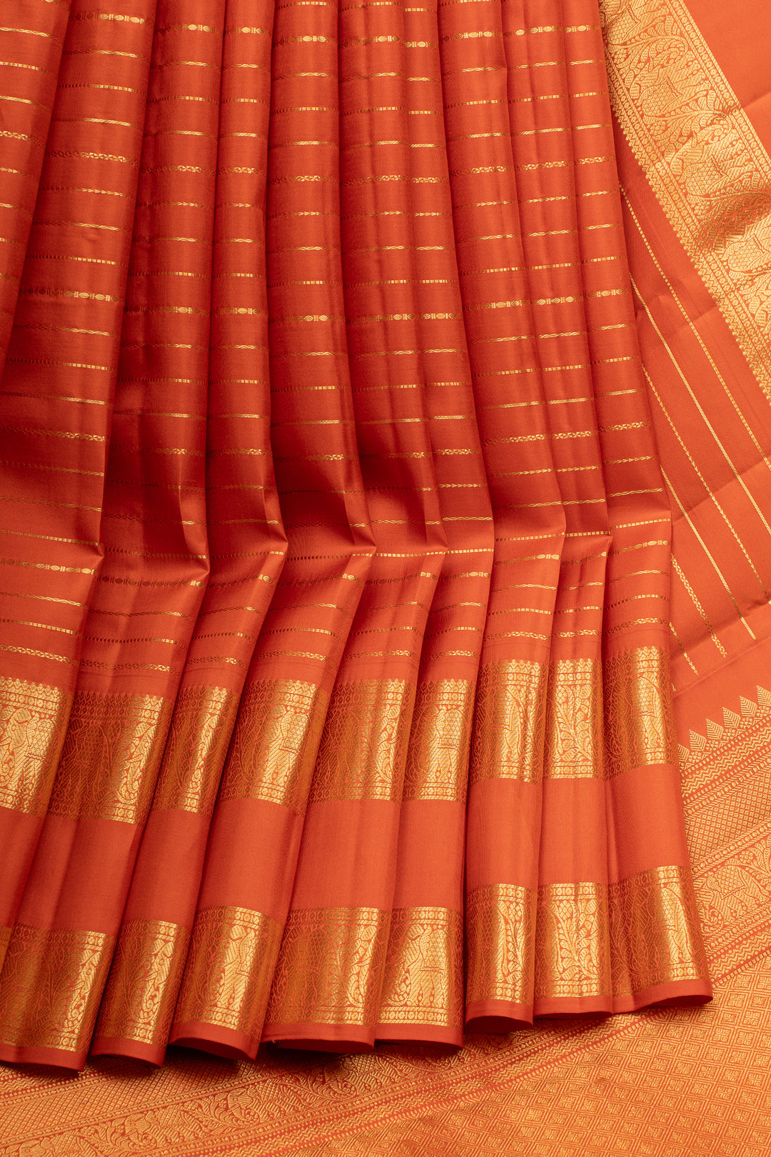 Rust orange neli stripes pure kanchipuram silk saree