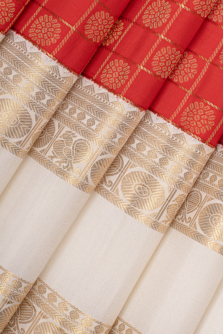 Red and ivory zari checks pure kanchipuram silk saree
