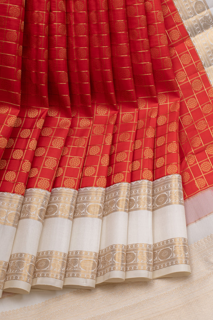 Red and ivory zari checks pure kanchipuram silk saree