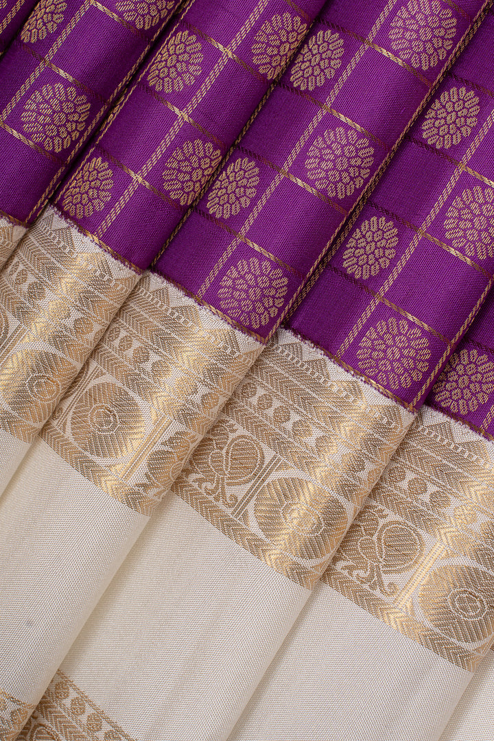 Purple and ivory zari checks pure kanchipuram silk saree