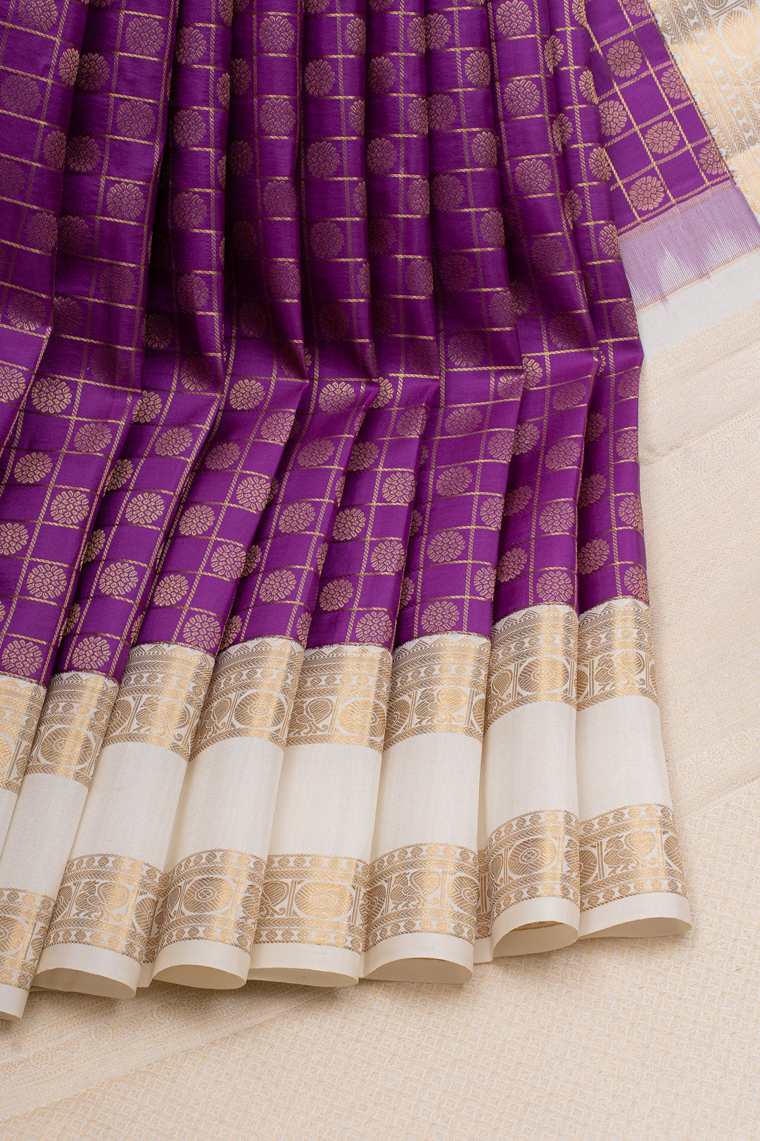 Purple and ivory zari checks pure kanchipuram silk saree