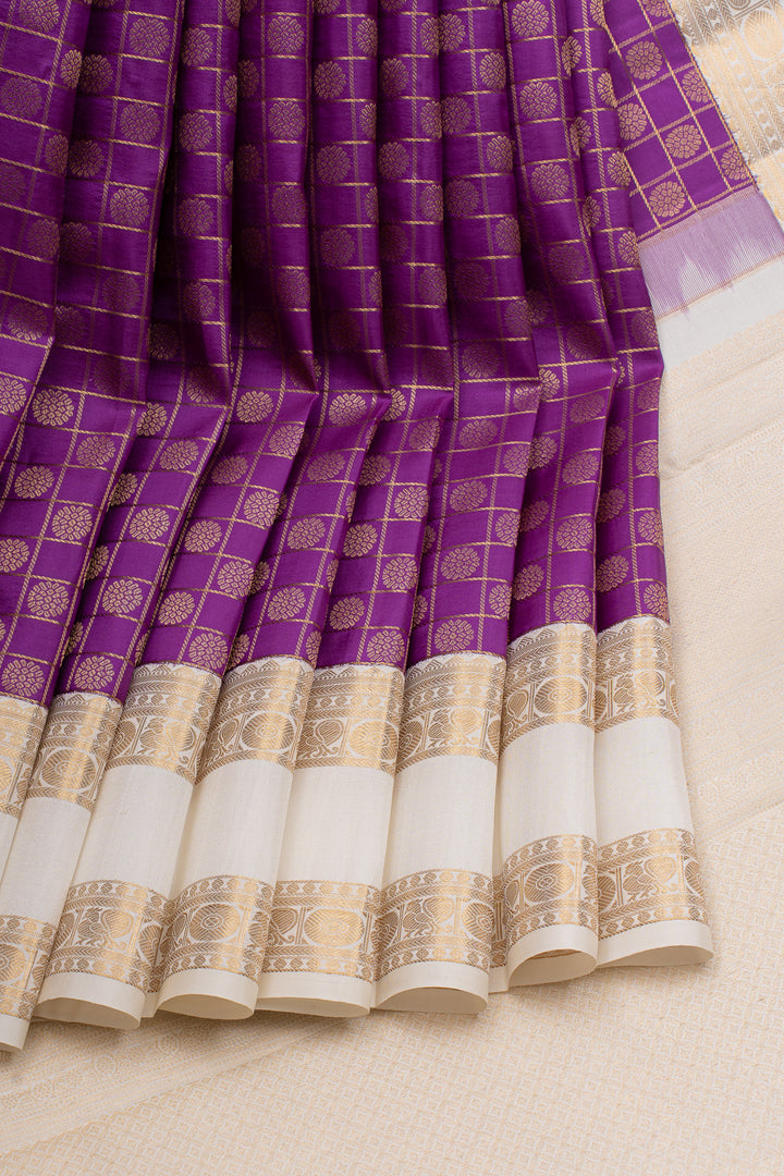 Purple and ivory zari checks pure kanchipuram silk saree