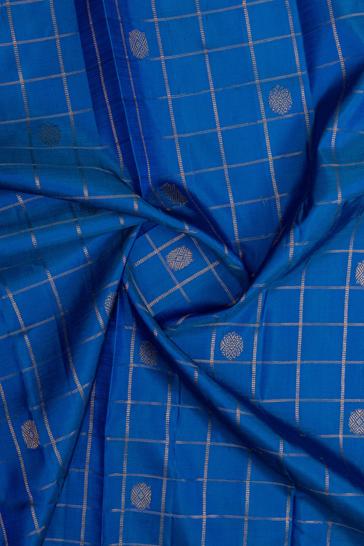 Peacock blue zari checks pure kanchipuram silk sare