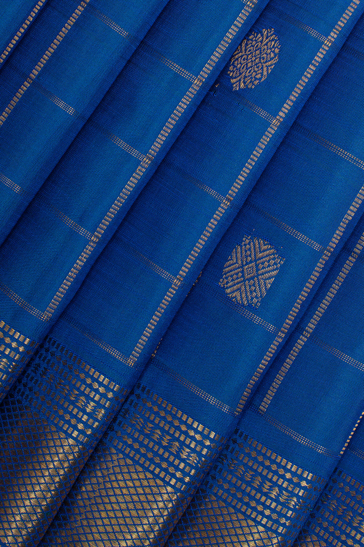 Peacock blue zari checks pure kanchipuram silk sare