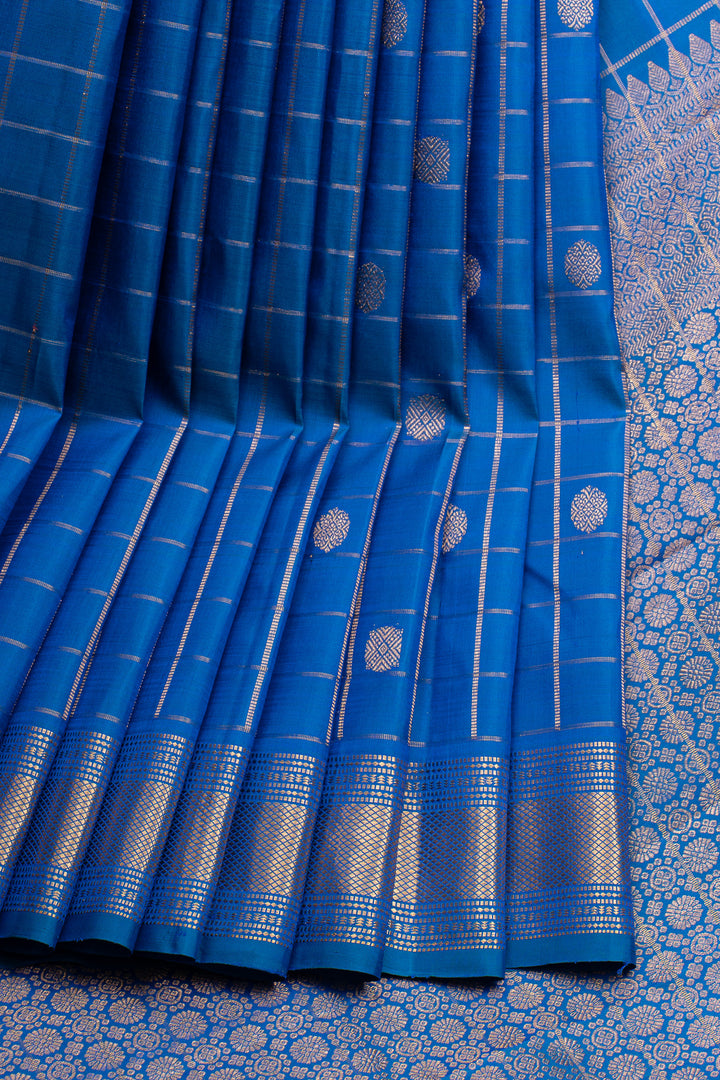 Peacock blue zari checks pure kanchipuram silk sare