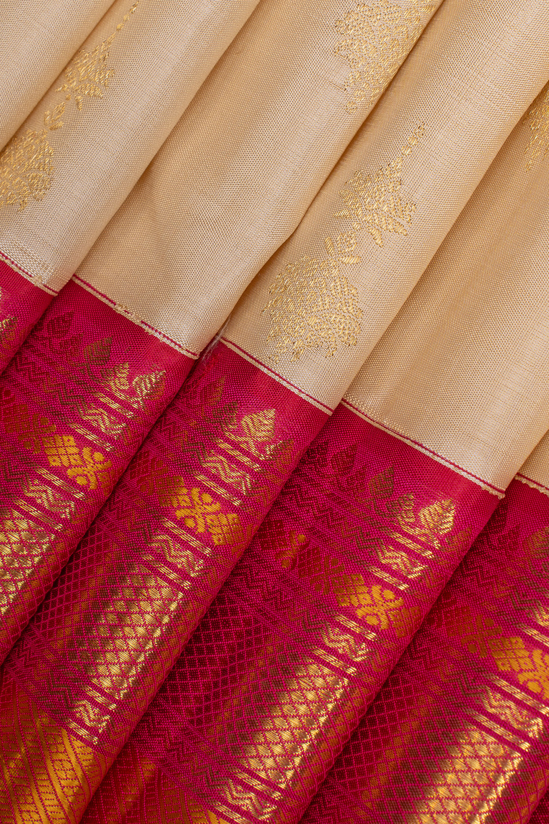 Cream and pink traditional jhumki motifs pure kanchipuram silk saree