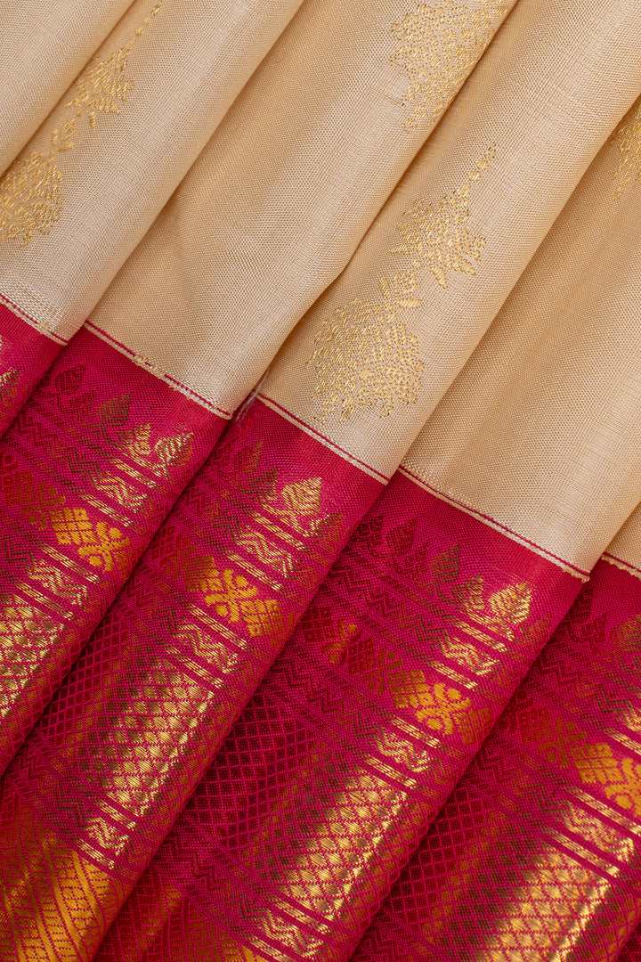 Cream and pink traditional jhumki motifs pure kanchipuram silk saree