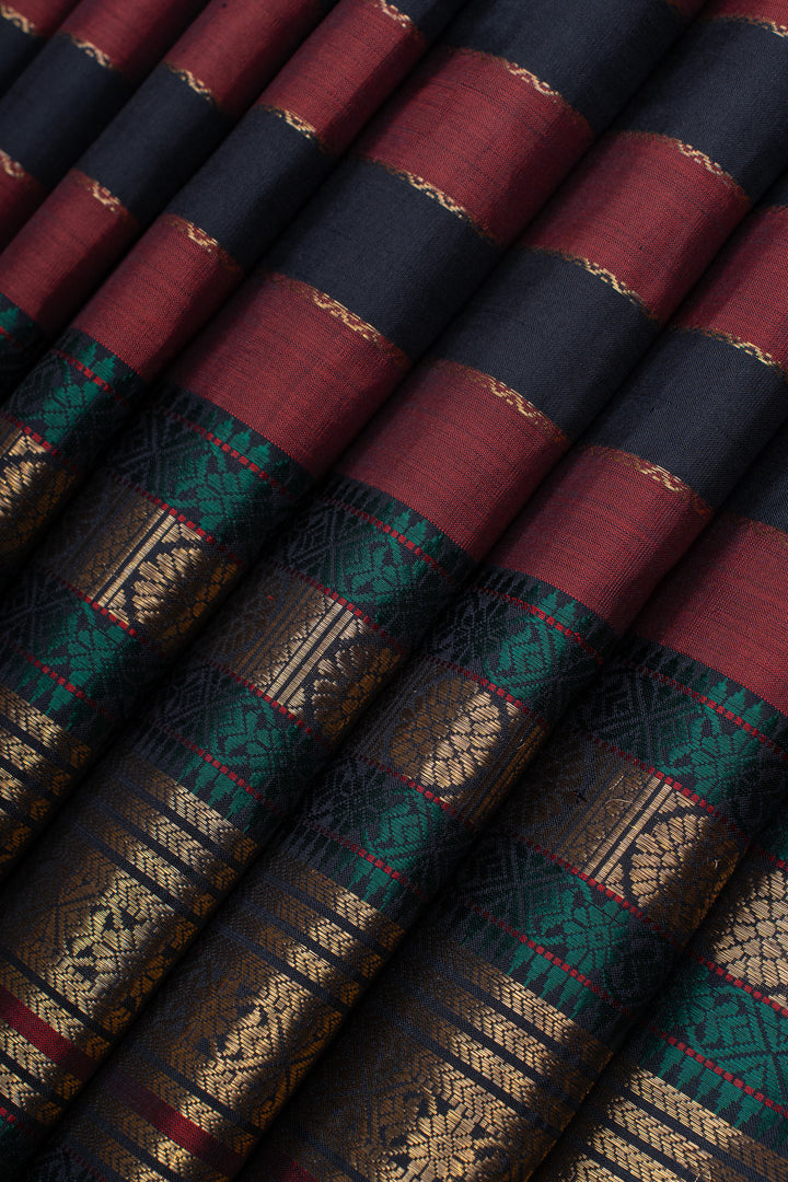 Navy blue and brown vintage checks pure kanchipuram silk