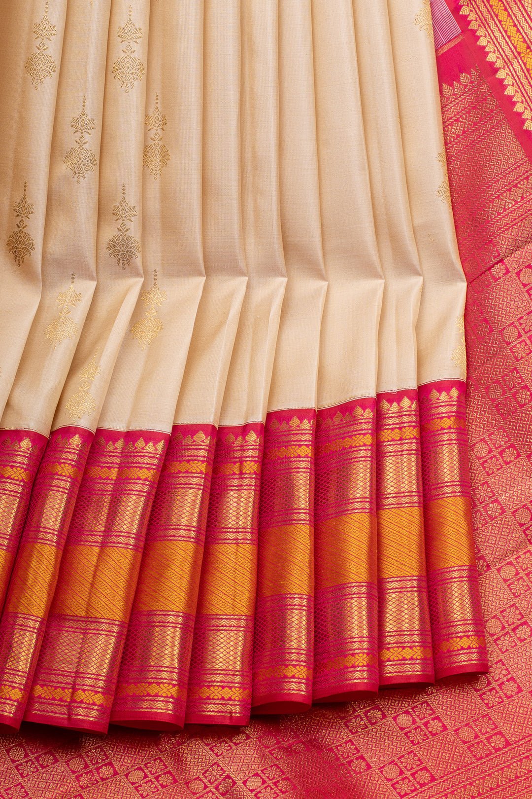 Cream and pink traditional jhumki motifs pure kanchipuram silk saree