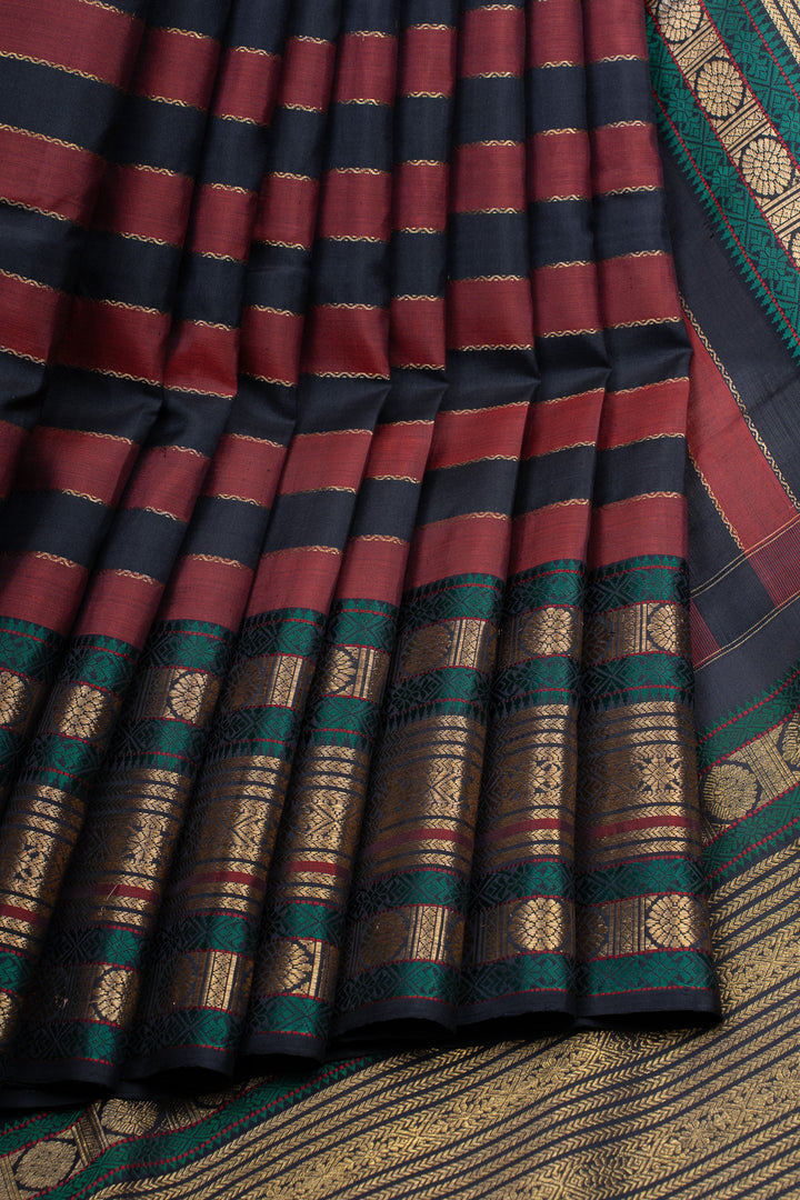 Navy blue and brown vintage checks pure kanchipuram silk