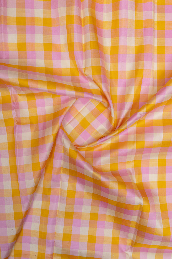 Pink and blue vintage checks pure kanchipuram silk saree